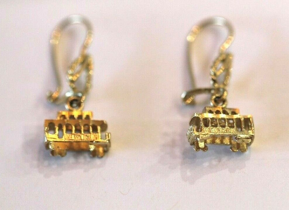 14KT Yellow Gold Unique 3 D  Trolley Car Dangle Drop Earrings 1 1/8"  x  1/2"