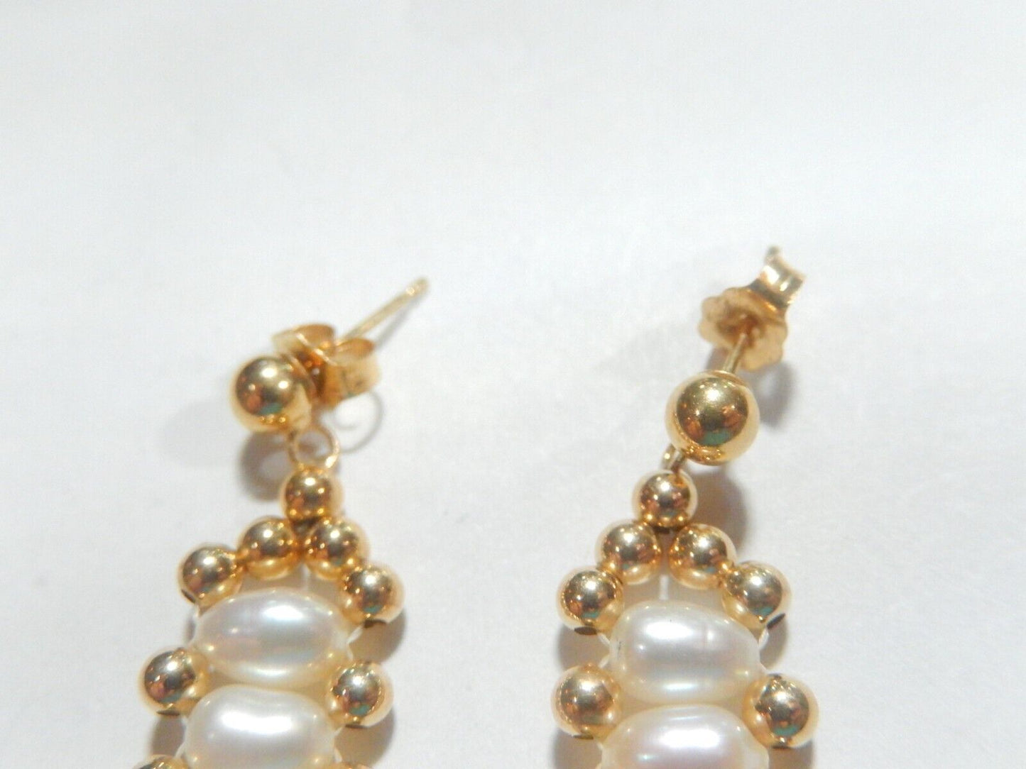 14K Yellow Gold Beaded and White Freshwater PEARLS Double Strand Dangle EARRINGS