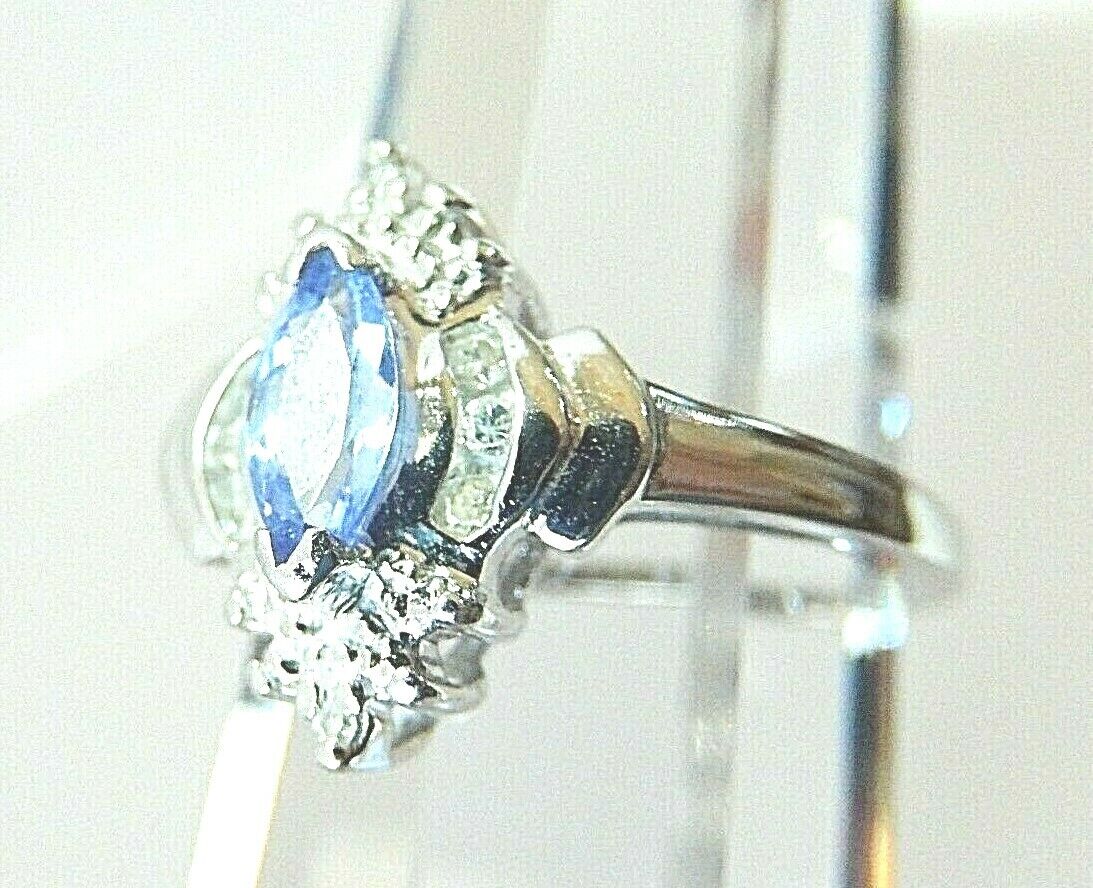 10k White Gold Marquise Tanzanite & Diamond Halo Style Ring  Size 7.5