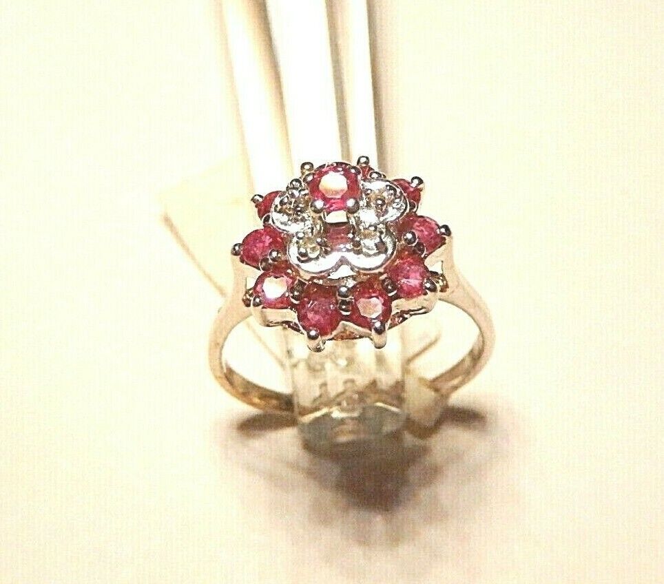 *NWT* 14k White Gold .66CT Diamond & Ruby Three Tier  Cluster Ring Size 6.5