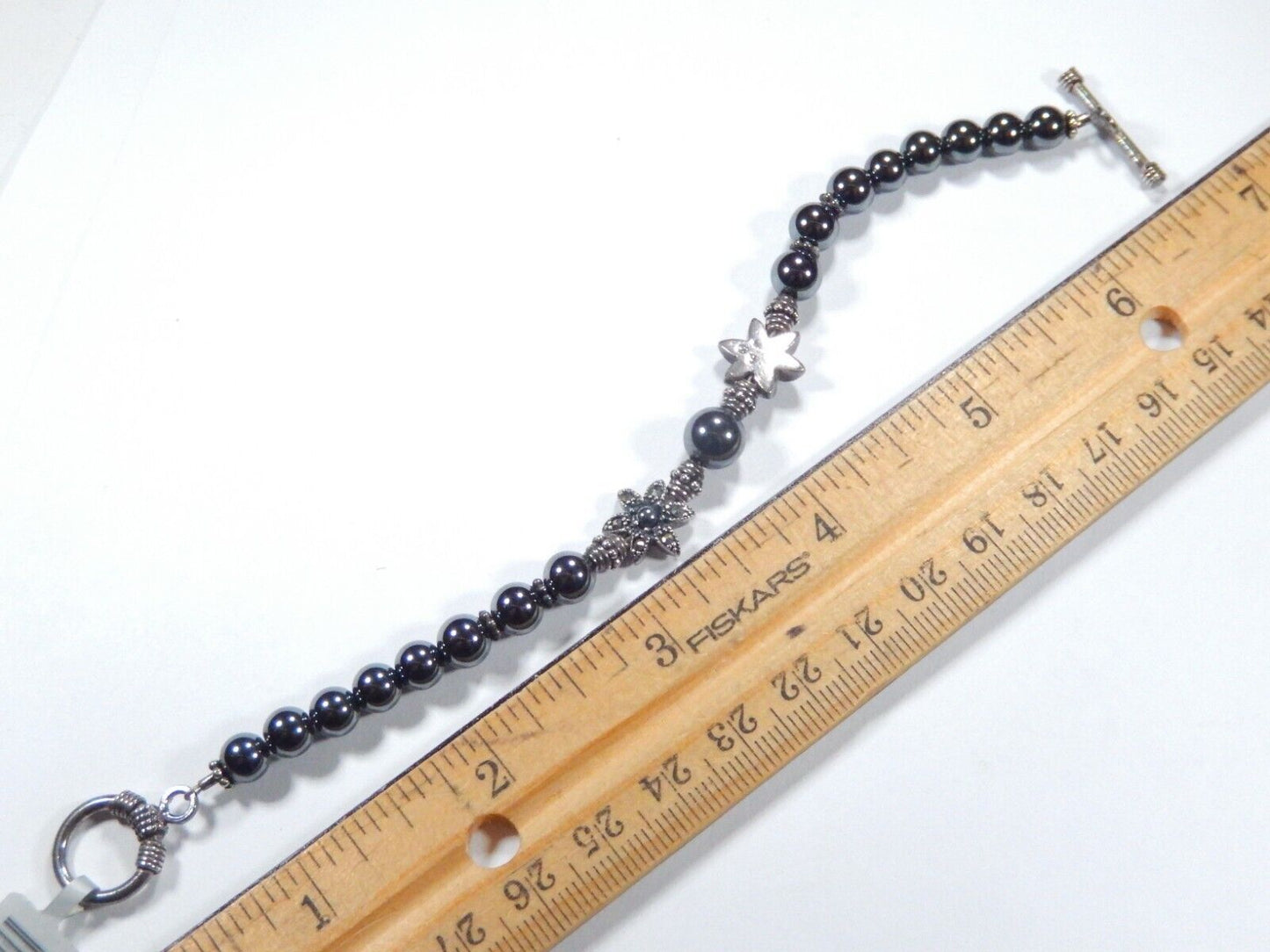 Oxidized Sterling Silver  Marcasite Crystals & 6.5mm Hematite Beaded 7" Bracelet