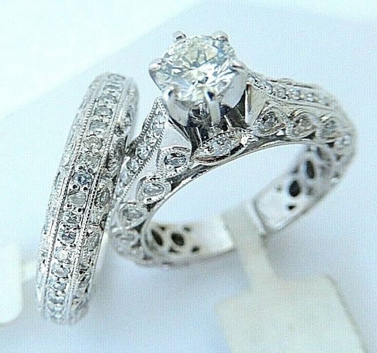 18K WHITE GOLD NATURAL 2.5 CTW DIAMOND ENGAGEMENT RING WEDDING BAND SET SIZE 6.5