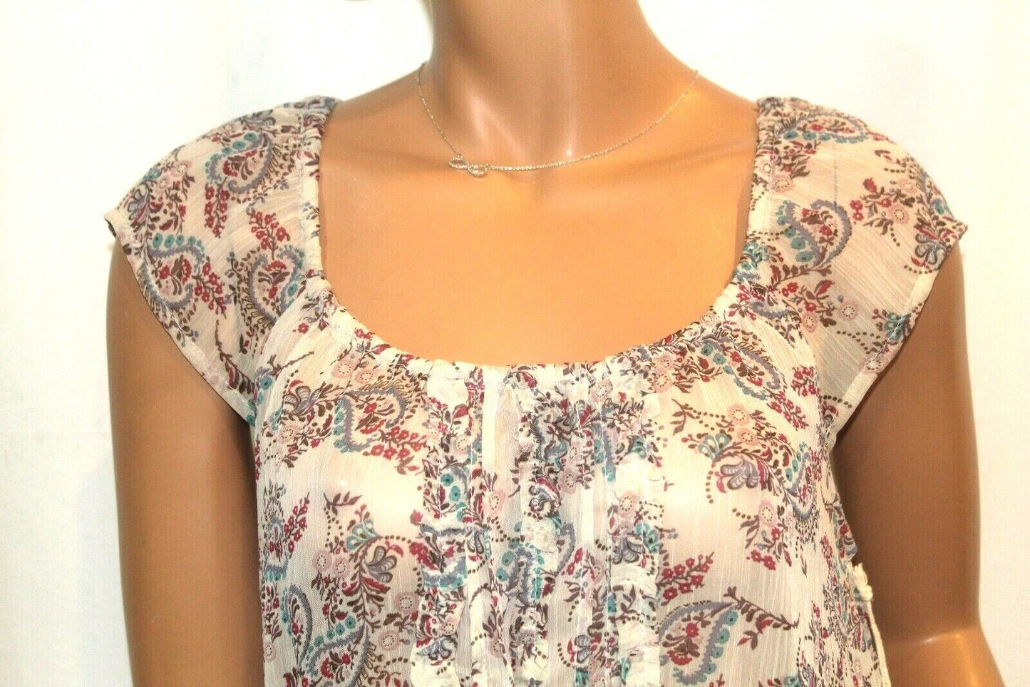 *NWT* Mossimo  Ruffle Peasant Chiffon  Multicolored Cap Sleeve Scoop Neck Top LG