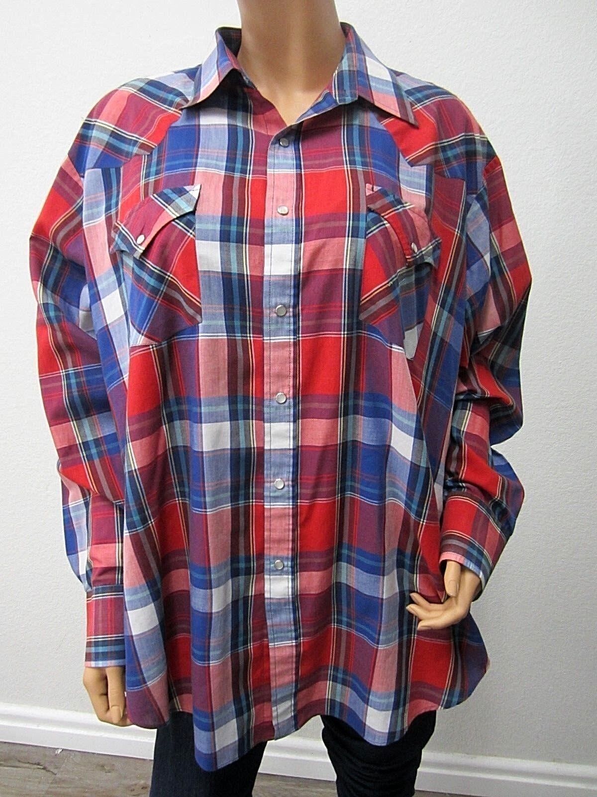 NWOT Ely Cattleman Mens  Red Plaid Pearl Snap Long Sleeve Western Shirt Sz XXL