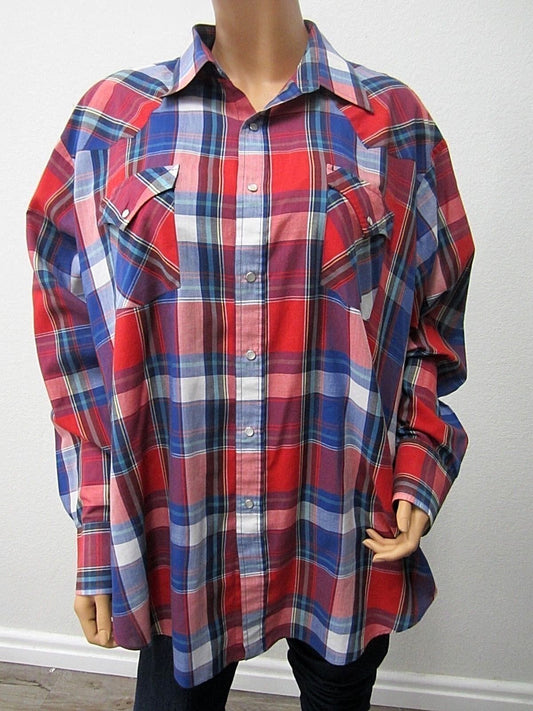 NWOT Ely Cattleman Mens  Red Plaid Pearl Snap Long Sleeve Western Shirt Sz XXL