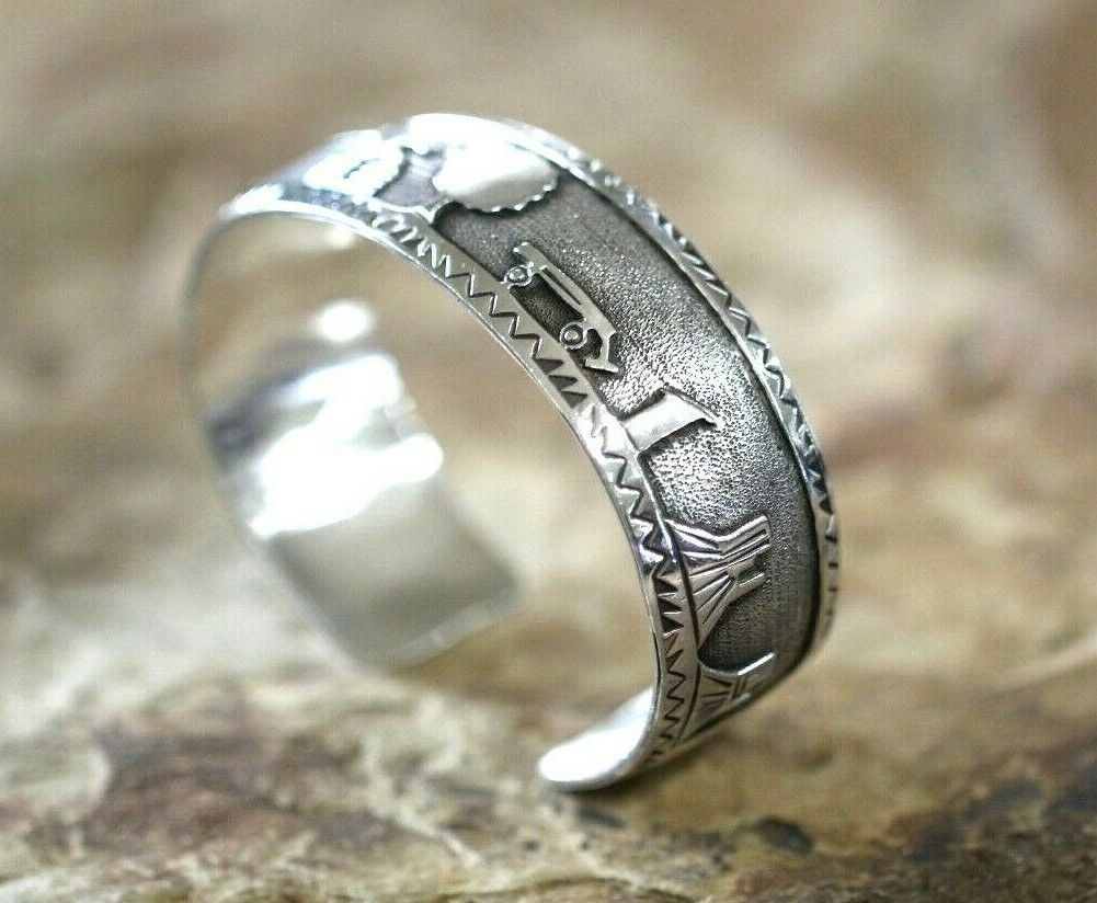 *VINTAGE*  UNISEX Sterling Silver 925  Story Telling Cuff Bracelet