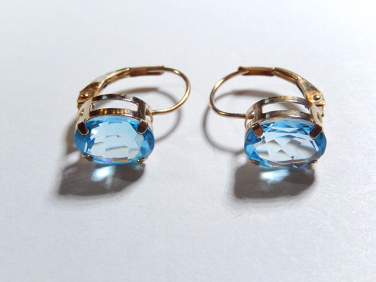 *NEW* 10k Yellow Gold Genuine 4 CT Oval Blue Topaz Lever-back Earrings