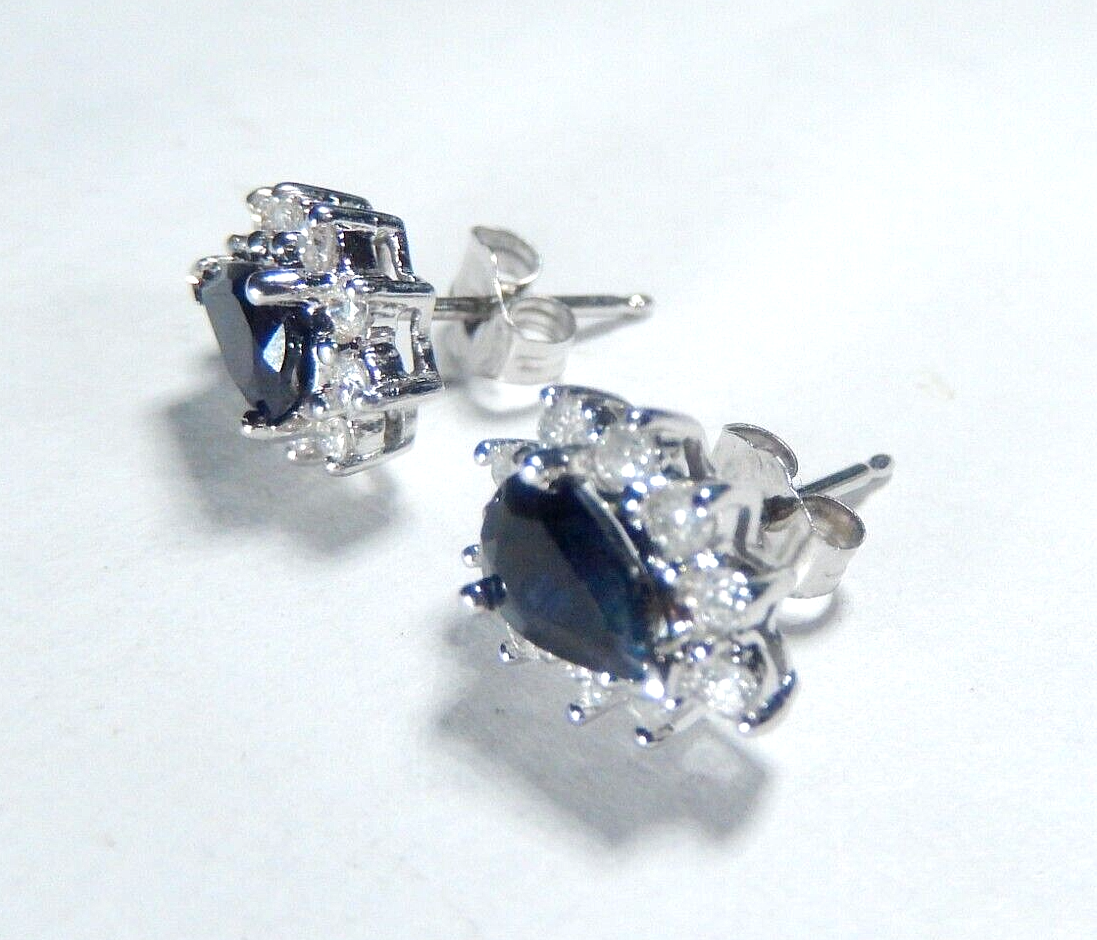 *VINTAGE*  14K White Gold 1.25CT Natural Diamonds & Sapphire Halo Stud Earrings
