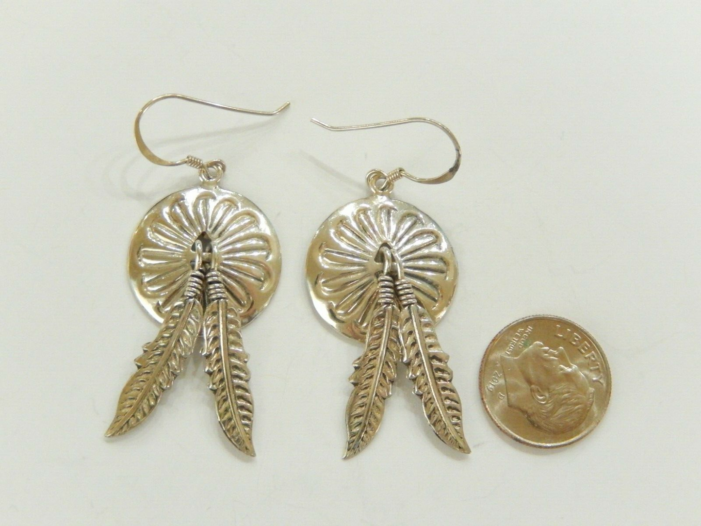 *VINTAGE Native American Sterling Silver Concho Pierced Earrings Feather Dangles