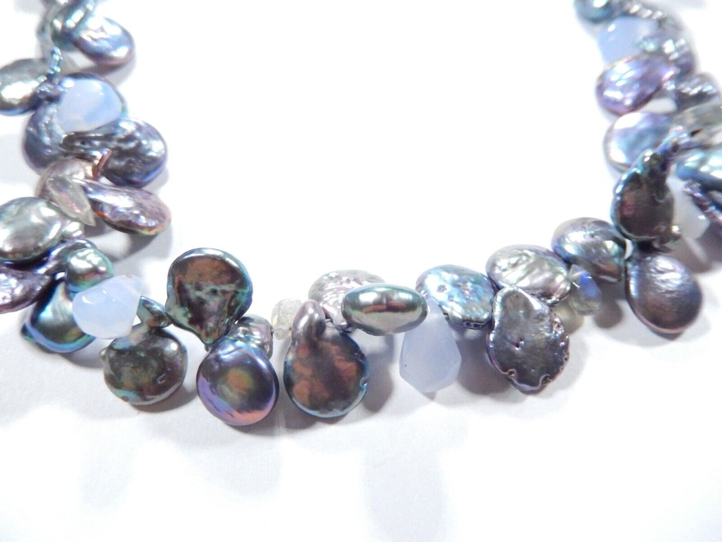 STERLING SILVER BLACK BAROQUE BUTTON PEARL & BLUE LACE GEMSTONE NECKLACE 19"