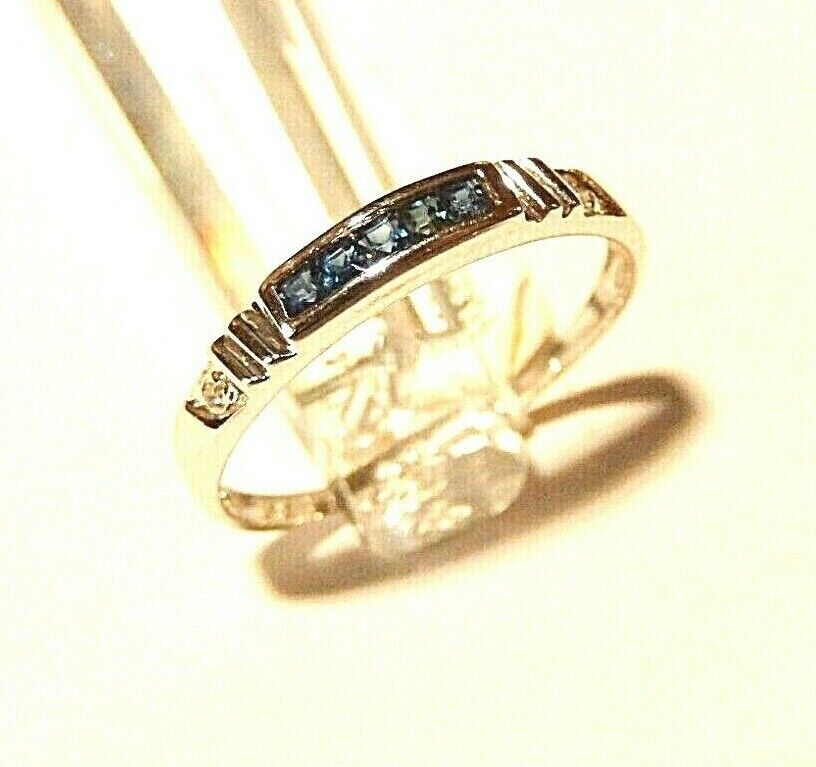 *NWT* 14k White Gold Princess Cut Sapphire & Round Diamond 3mm Band Size 8.25