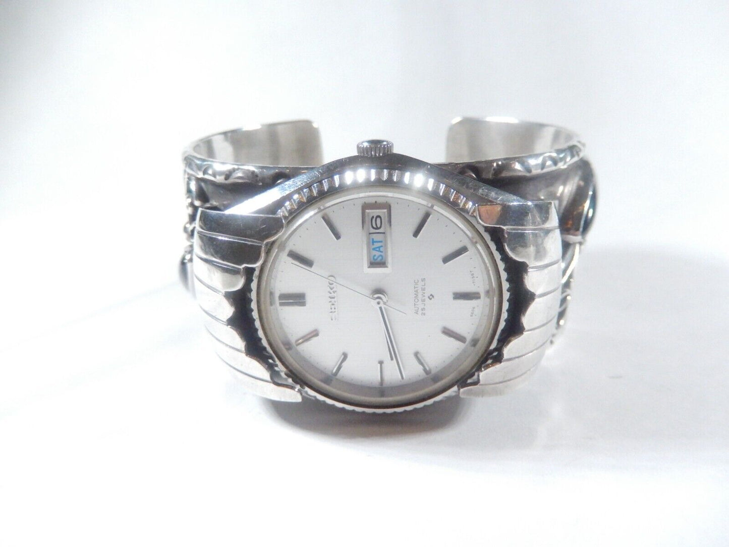 Navajo Johnny Frank 1911 Sterling Silver Stamped Seiko Automatic Cuff Bracelet