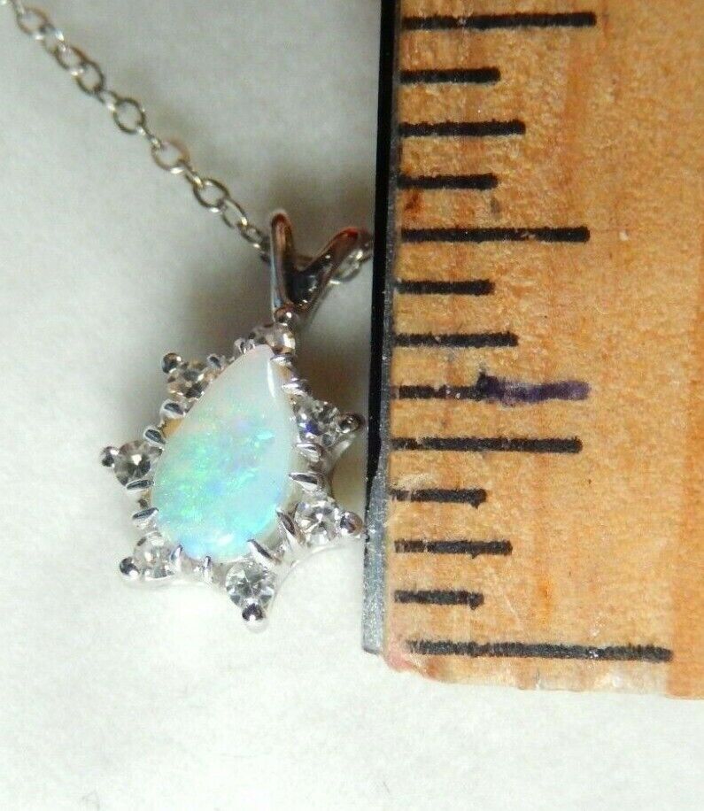 *VINTAGE*  14K WHITE GOLD  PEAR CABOCHON OPAL SINGLE CUT DIAMOND HALO PENDANT