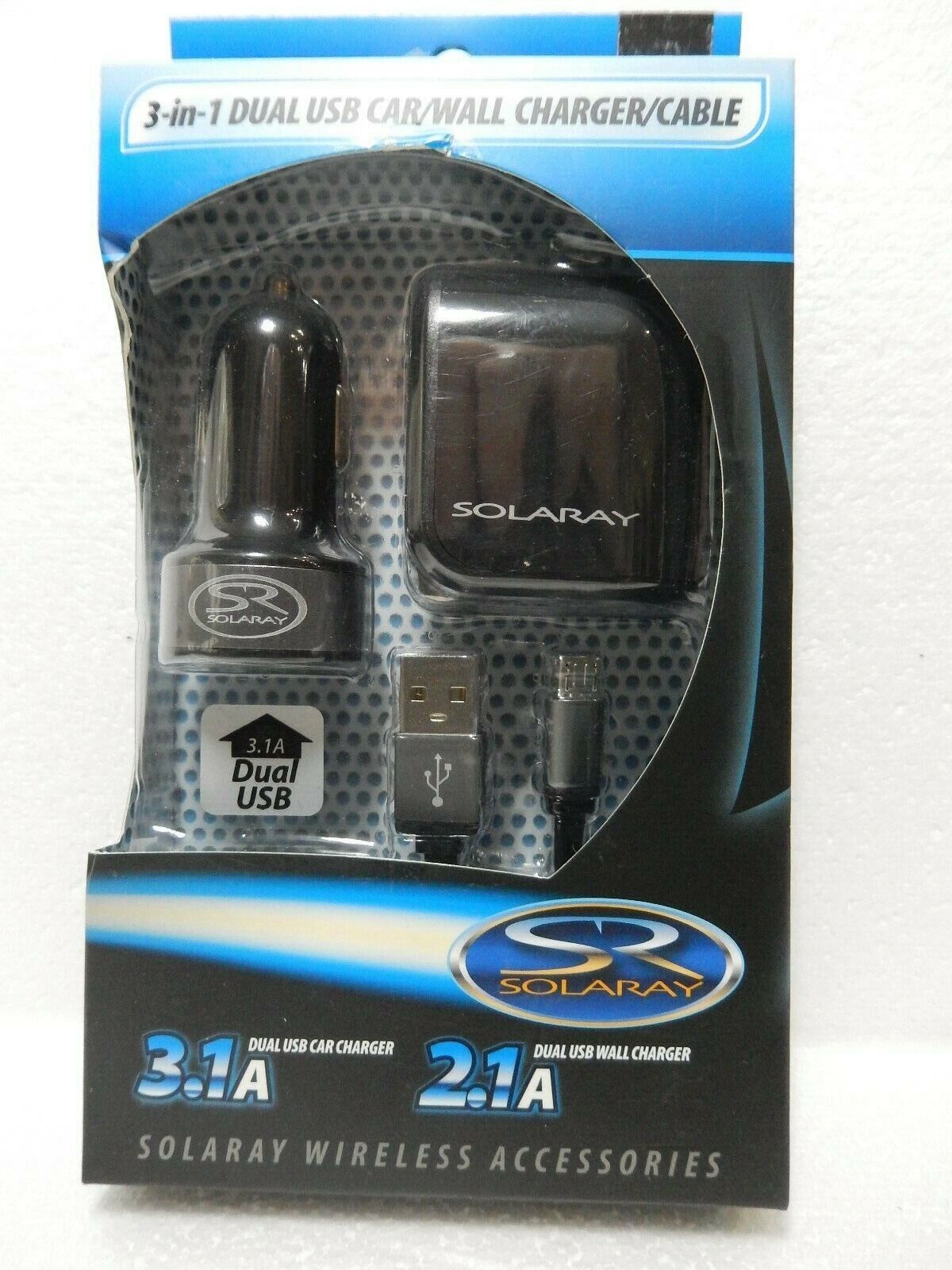 Brand New: 3-in-1 Dual USB Car/Wall Charger/Cable Solaray Phone Charger Sleek