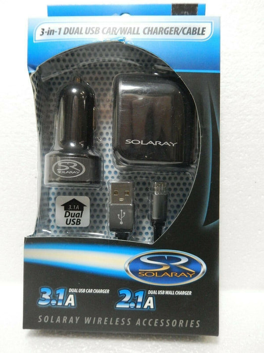 Brand New: 3-in-1 Dual USB Car/Wall Charger/Cable Solaray Phone Charger Sleek