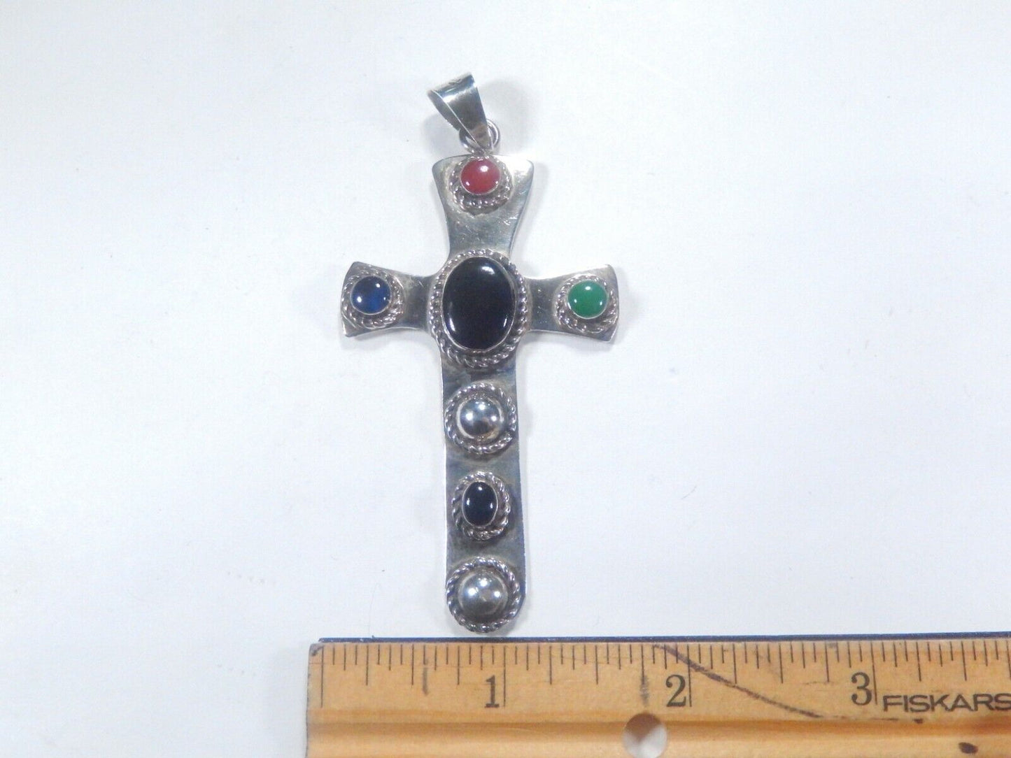 *VINTAGE*  Large Sterling Taxco Mexico Multi Gemstone Cross Pendant 3.5" Tall