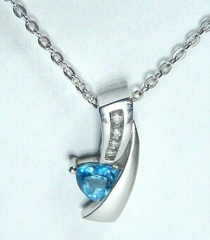 *NWT* 10K White Gold Triangle Blue Topaz and Diamond Slide Pendant w/18" Chain