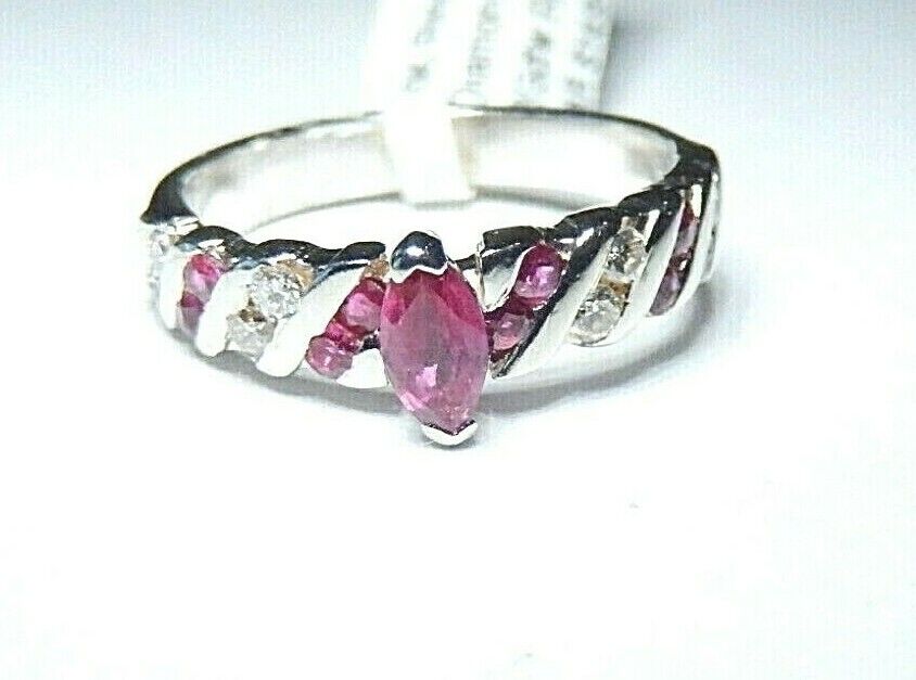 *NWT*  10K White Gold Marquise Red Ruby & Diamond Channel Set Ring  Size 6.5