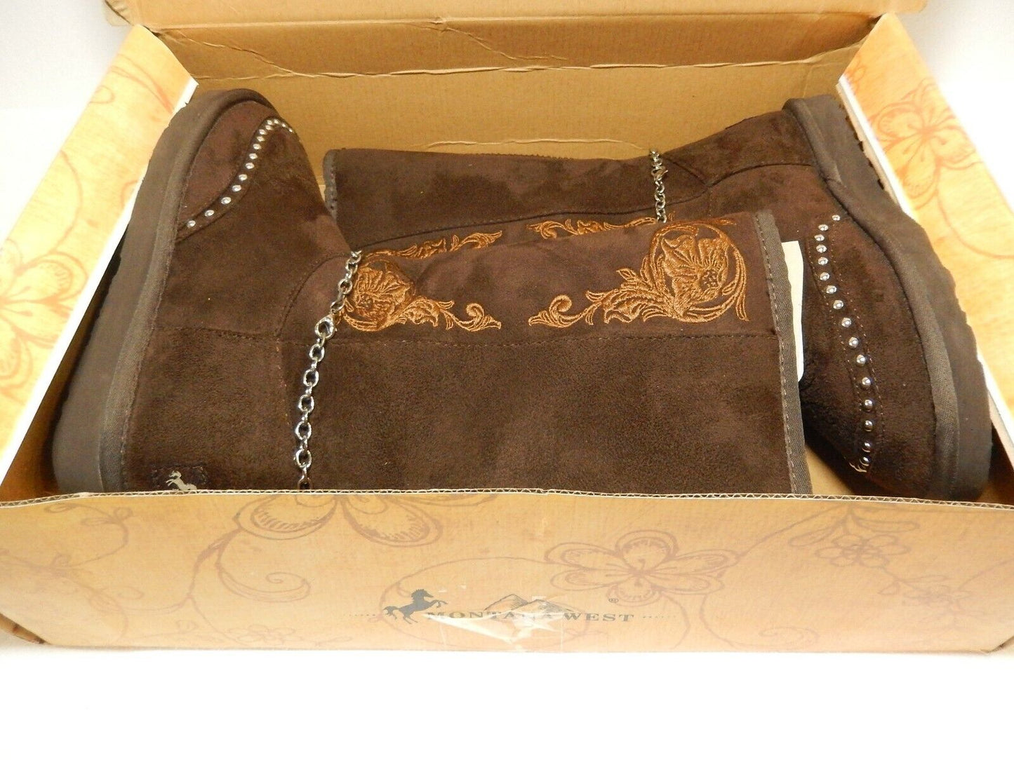 *NIB* Montana West Embroidered Collection Boots BST-021 BR CROSS BOOT CHAIN Sz 6