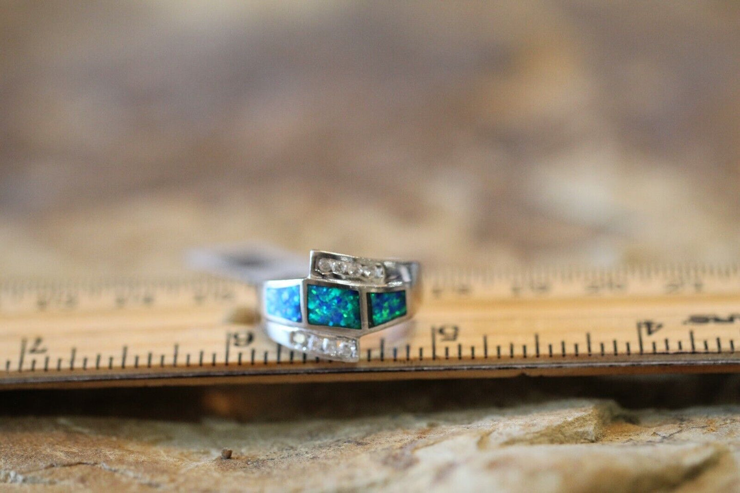 *VINTAGE*   FIRE OPAL Ring with CZ Crystals 925 STERLING SILVER Size 7.5