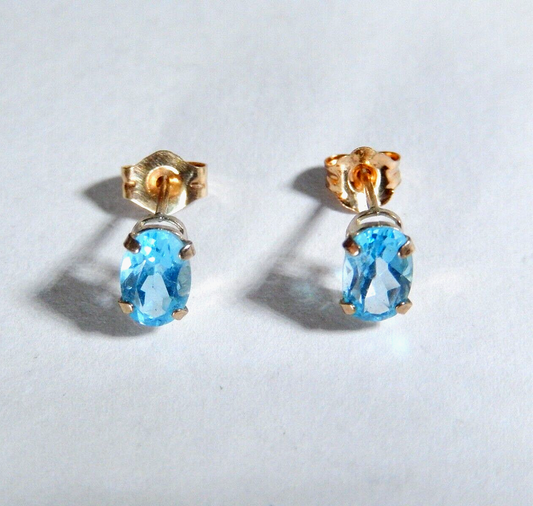 *VINTAGE*  10k Yellow Gold 1.00 CT Blue Topaz Stud Earrings