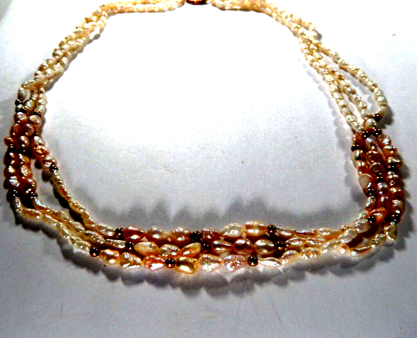 *VINTAGE* 14k Yellow Gold Three Strand Beads & Rice Pearl Beaded 18"Necklace