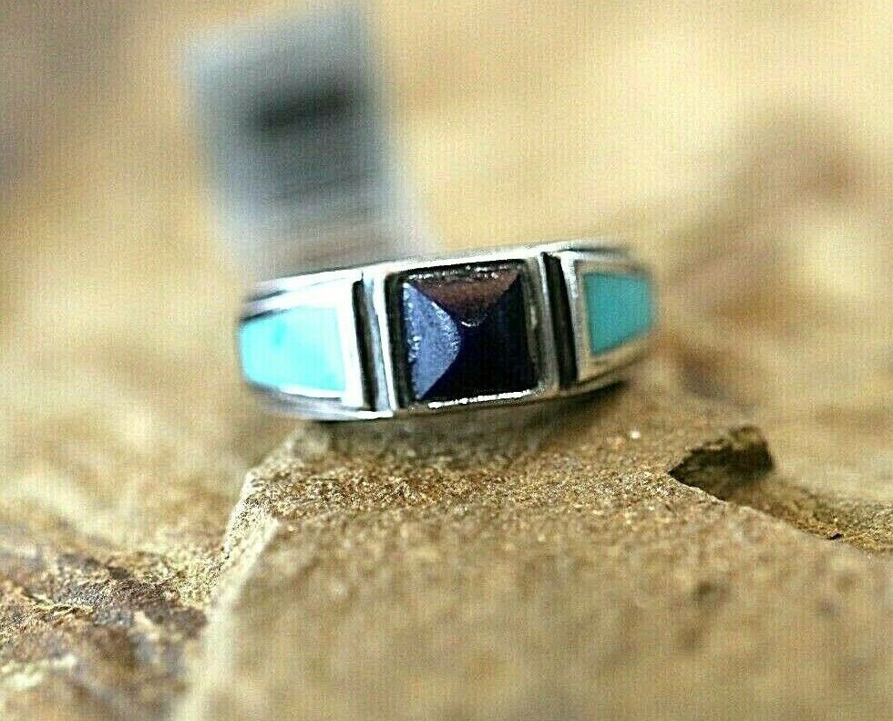 *VINTAGE* 925 Sterling Southwest Style Turquoise & Lapis Handmade Ring Size 8.5