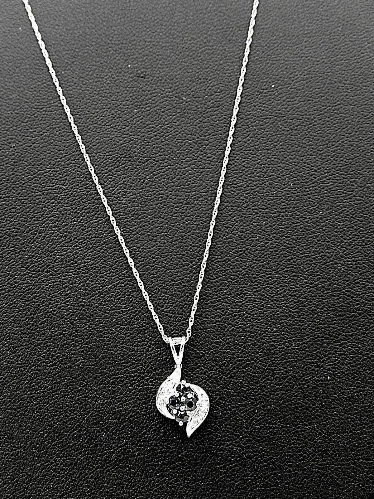 14K White Gold Blue Sapphire &  Natural Diamond Heart Pendant  With 18" Chain
