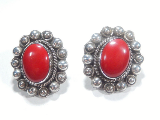 *VINTAGE*  TAXCO TA-98 Mexico Sterling Silver LARGE Coral Statement Earrings