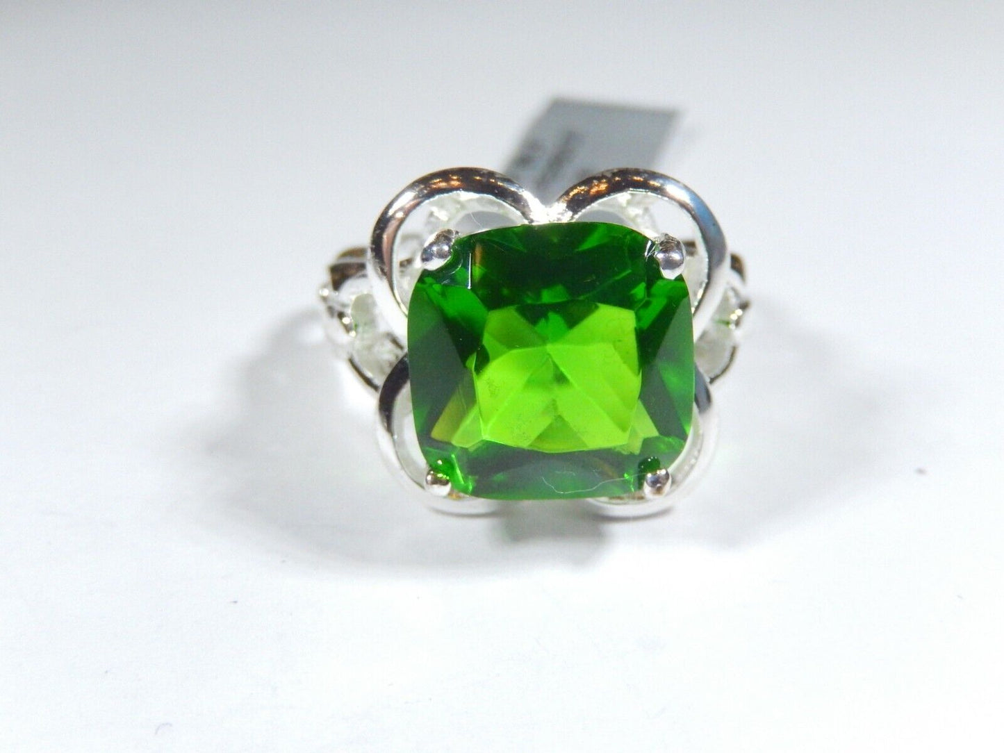 Sterling Silver 9.0 CT Cushion Cut Simulated Green Peridot Ring Size 7.75