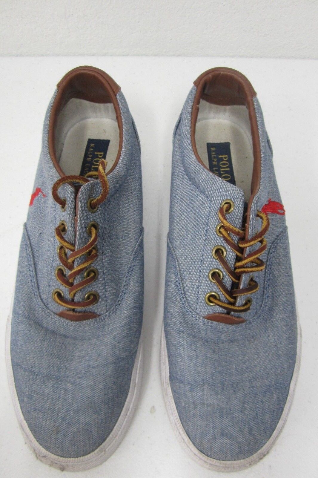 Polo Ralph Lauren Vaughn Blue Chambray Canvas Sneakers Leather Laces Shoes Sz 9D