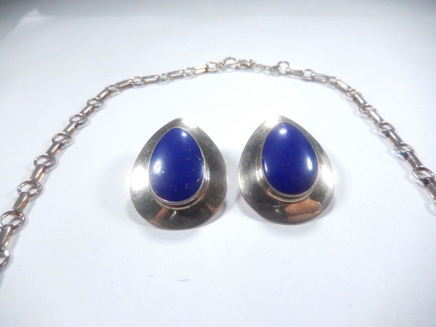 *VINTAGE* Sterling Silver  Lapis Lazuli Tear Drop Chain Necklace & Earrings  Set