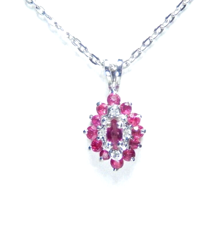 10k White Gold Oval Natural Ruby and Diamond  Necklace with 18" Chain