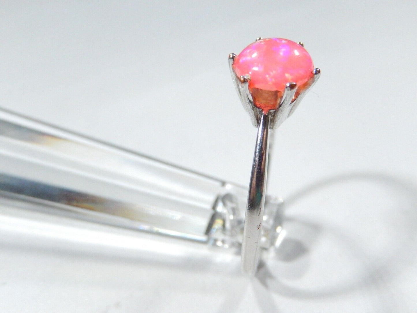 *VINTAGE*  Sterling Silver Lab Created Pink Opal Solitaire Ring Sz 8.75