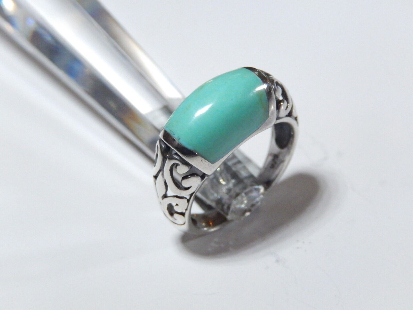 *VINTAGE*  Scroll Design Sterling Silver Inlay Turquoise Ring Size 8