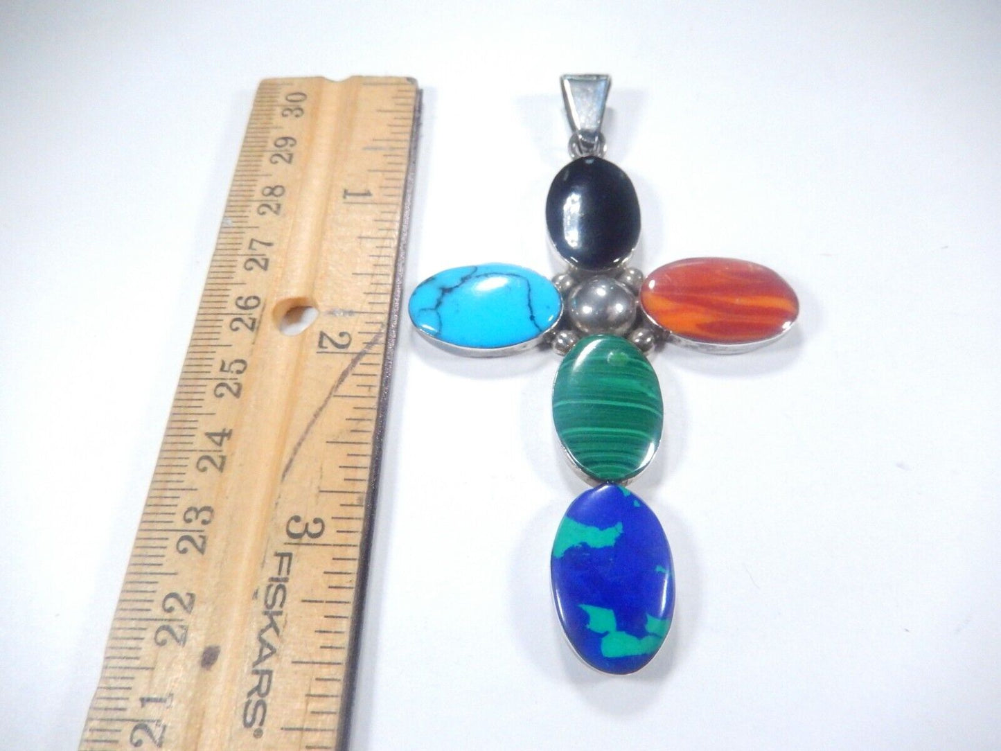 *VINTAGE*  Large Sterling Taxco Mexico Multi Gemstone Cross Pendant 3.5" Tall