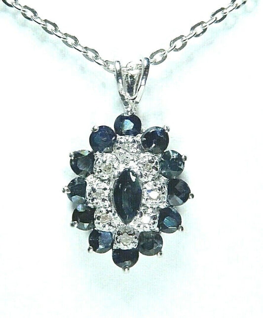 *NWT* 10k White Gold Oval Sapphire And Diamond Pendant with 18" Chain