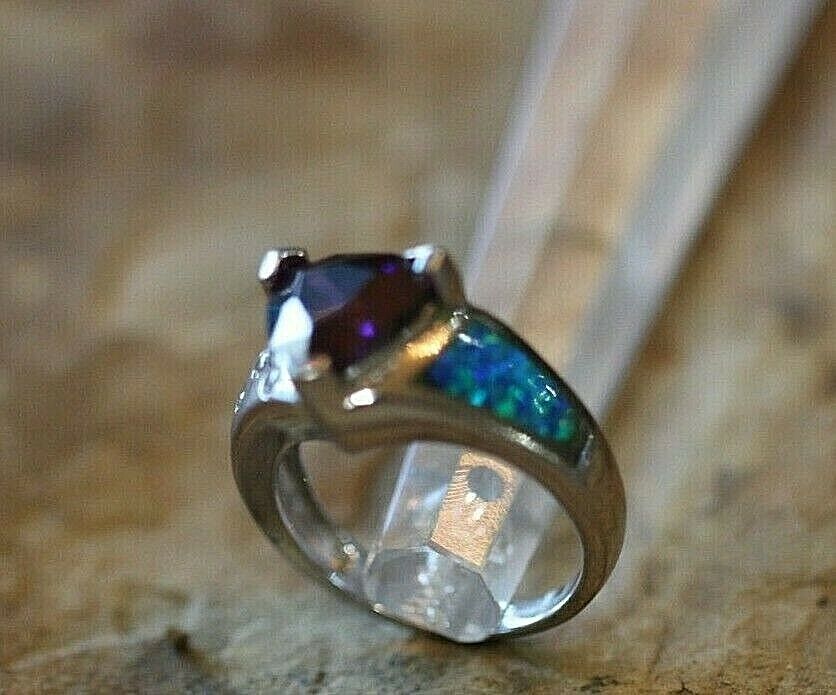 *VINTAGE*   AMETHYST  &  FIRE OPAL Ring with CZ  925 STERLING SILVER Sz 7.5