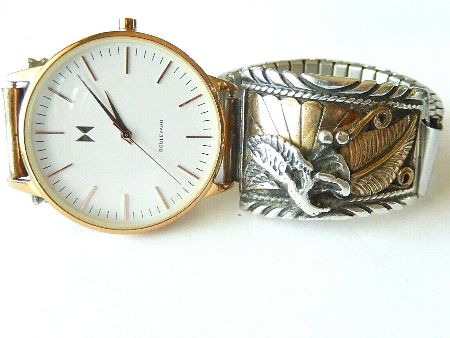 Signed Navajo 14K Gold Sterling Silver Men's Watch Band  w/ MVMT Quartz Watch