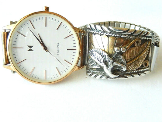 Signed Navajo 14K Gold Sterling Silver Men's Watch Band  w/ MVMT Quartz Watch