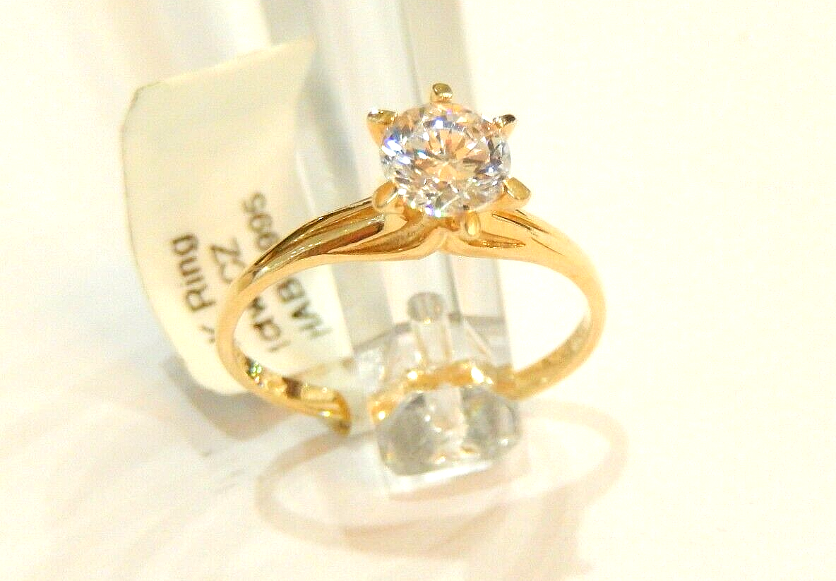 Real 14k Yellow Gold 1.00 CT Round CZ Solitaire Engagement Wedding Ring Sz 7.5