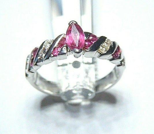 *NWT*  10K White Gold Marquise Red Ruby & Diamond Channel Set Ring  Size 6.5