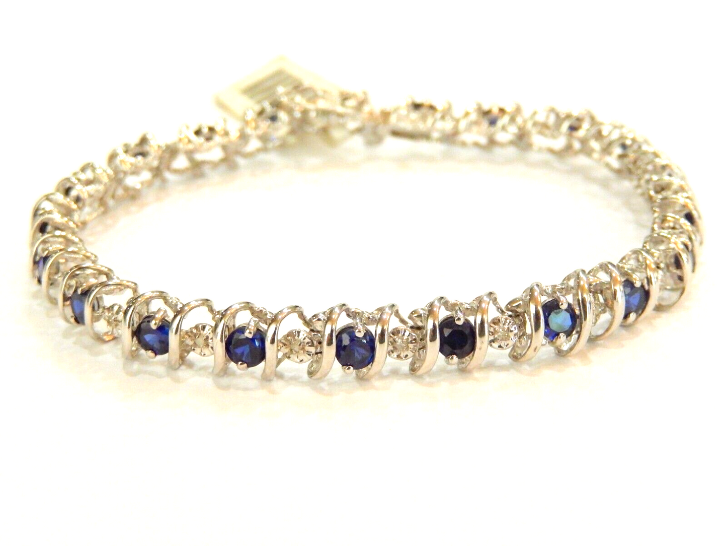 *NWT* 10K White Gold 3.50 CT  Sapphire & Diamond 7.5mm 11.2gm  "S" Bracelet 7"