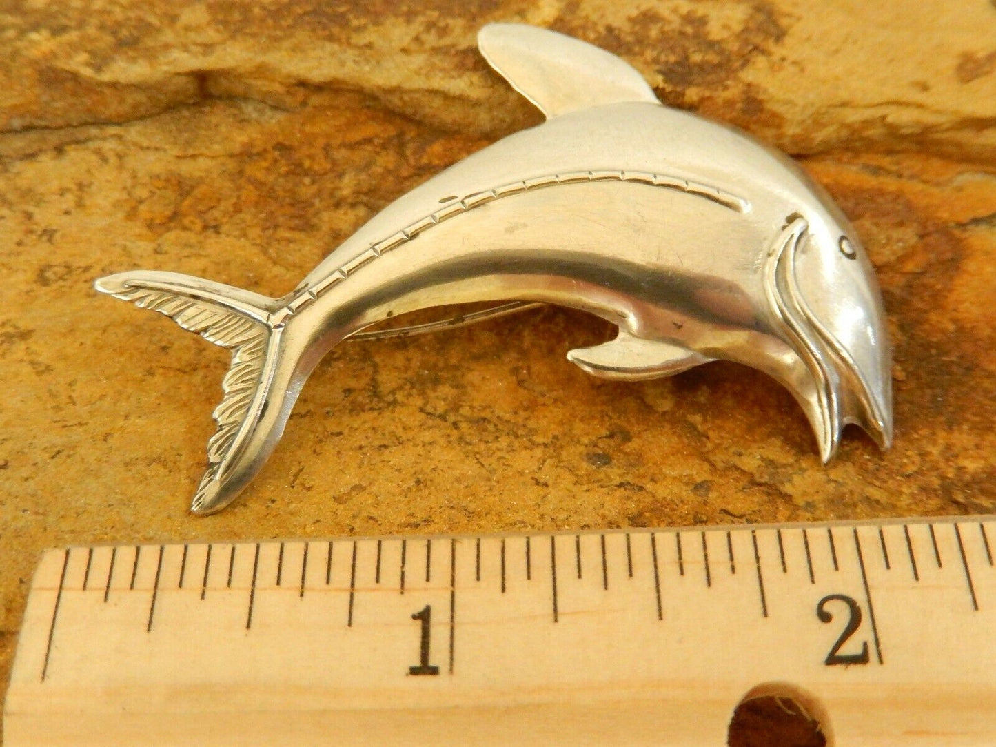 Vintage Sterling Silver 925 Large Dolphin Pin 2.5" Length