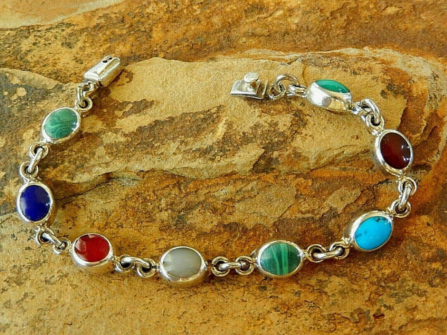 Vintage MEXICO TAXCO 925 Sterling Silver Bracelet Multi Gem Link Bracelet 7"