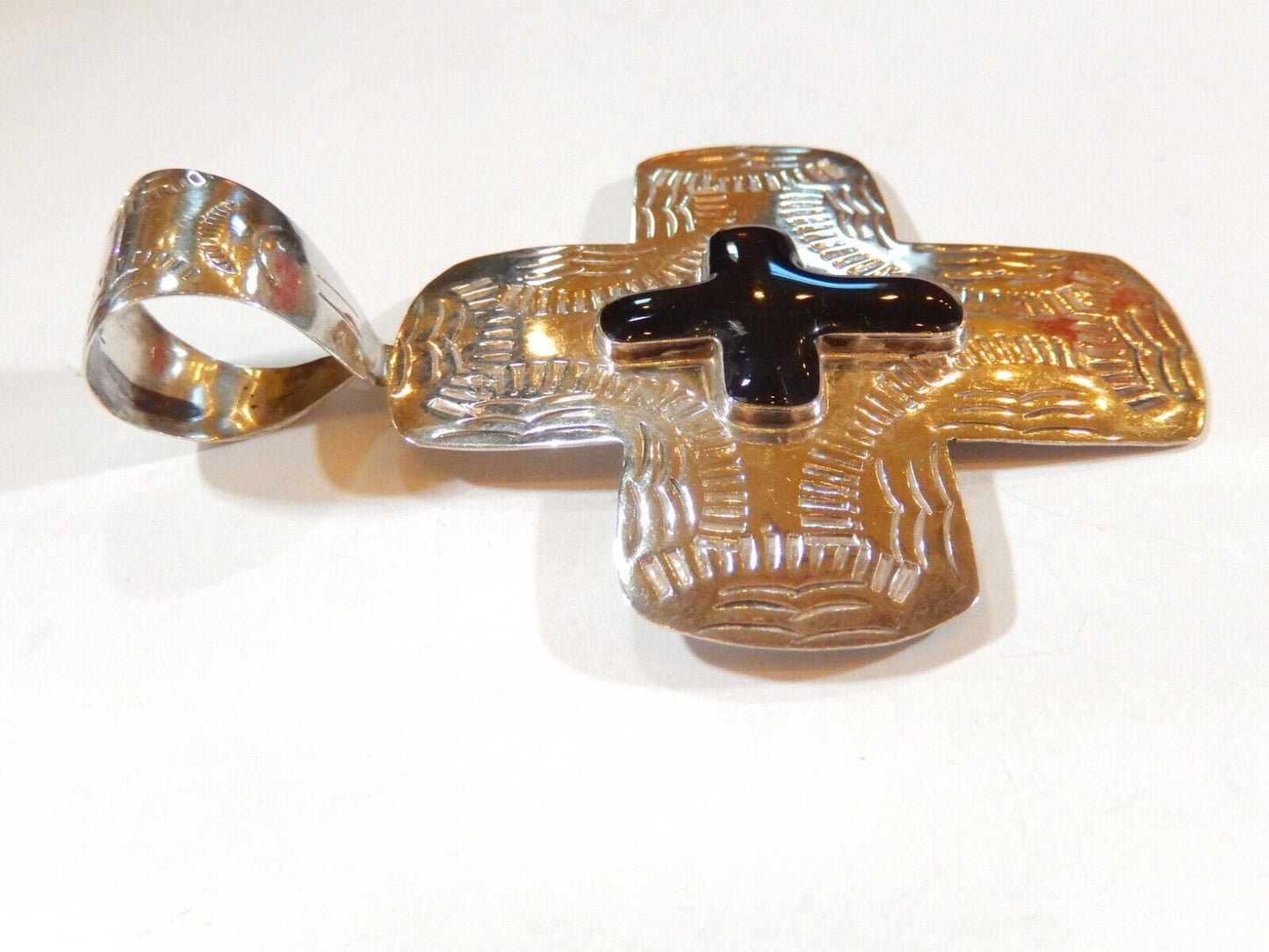 VINTAGE* LARGE 3 7/8" Tall Hand Stamped Sterling Silver Black Onyx Cross Pendant