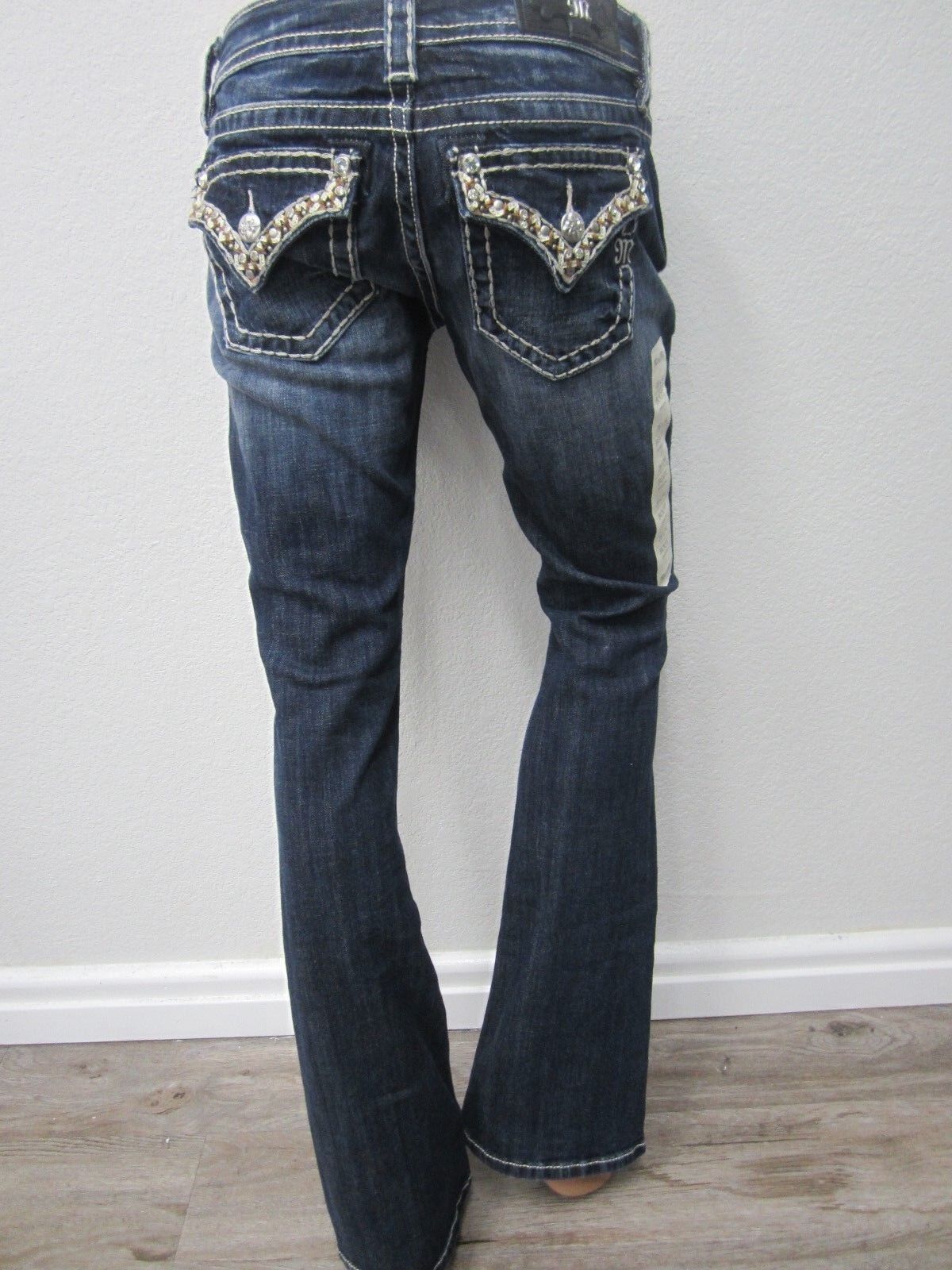 NWTMiss Me Ladies' White & Tan Stitching Bling Medium Wash Bootcut Jeans JP7306B