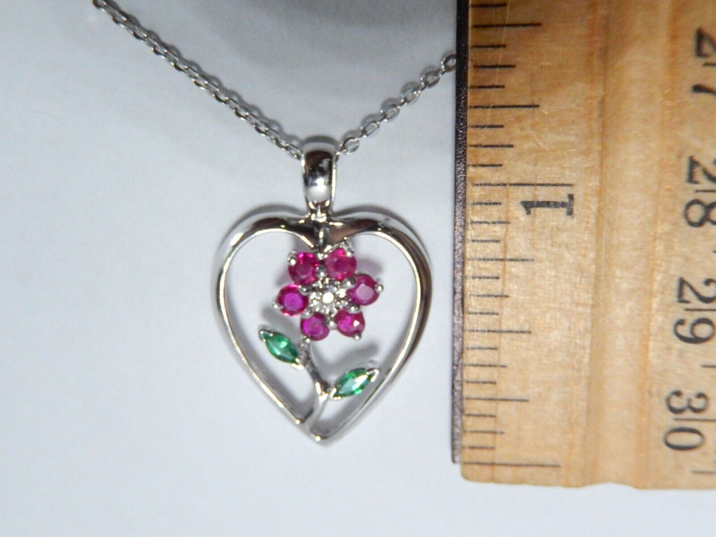 *NWT* 14k White Gold  Ruby /Emerald /Diamond Flower In Heart Pendant w/18" Chain