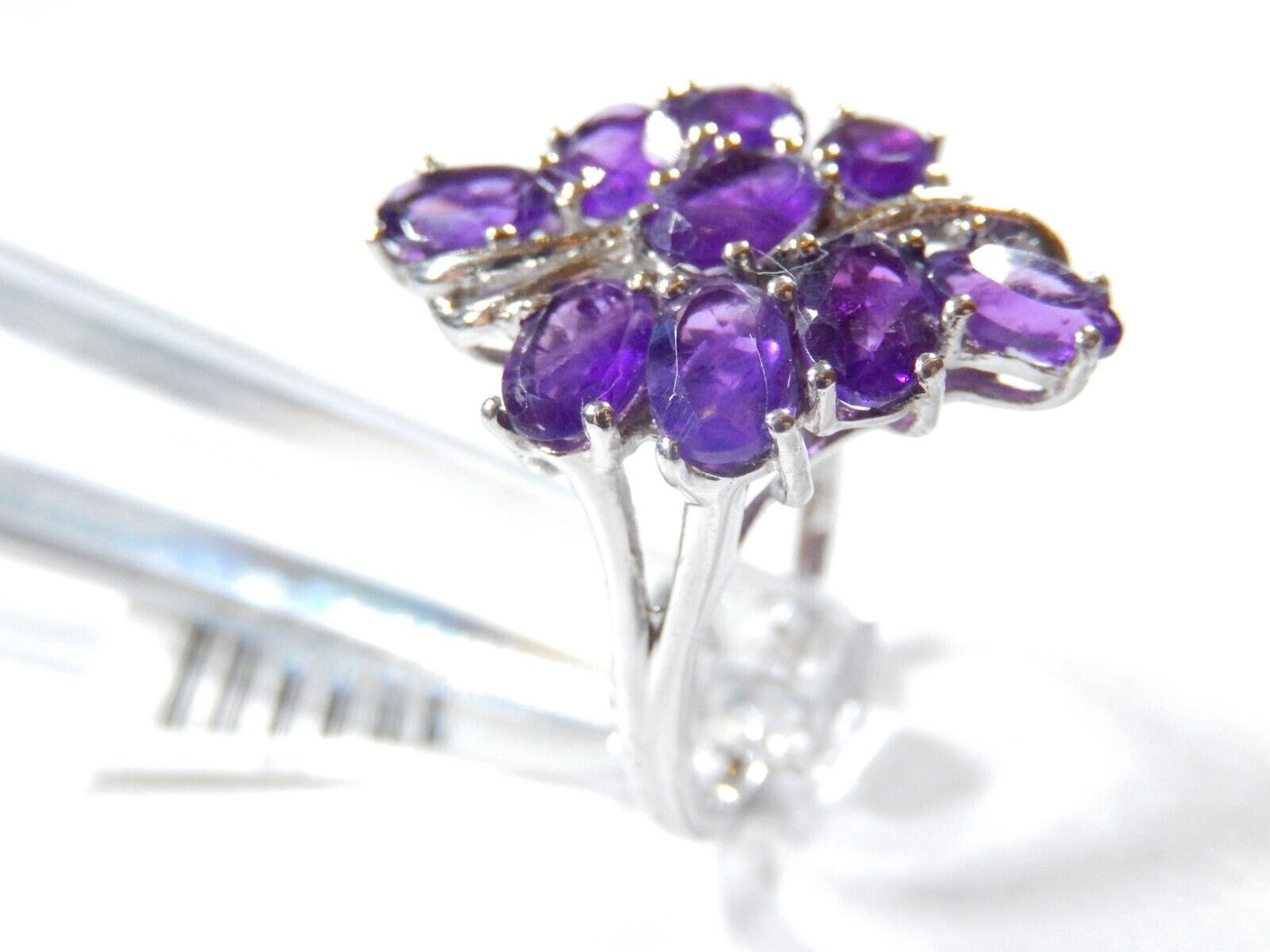 *VINTAGE*  4.00 CT  Nine Oval Amethyst Sterling Silver Cluster Ring - Size 7.25