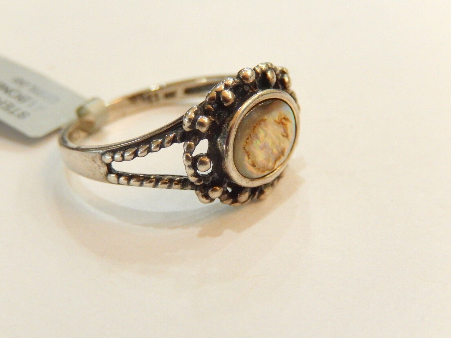 STERLING SILVER 925 SOLITAIRE ABALONE WITH BEADWORK  RING SIZE 11